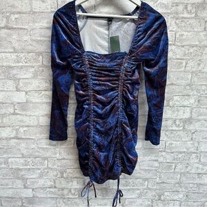 WILD Fable long sleeve dress women’s XS NWT blue‎ red velour ruched